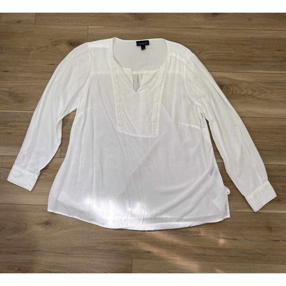 Lane Bryant Blouse Womens 28 White Tunic Split Neck Roll-Tab Sleeve Lace Detail
